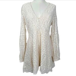 Free People Lace Dress Ivory Long Sleeve Floral VNeck US 12 Bridal Textured Boho